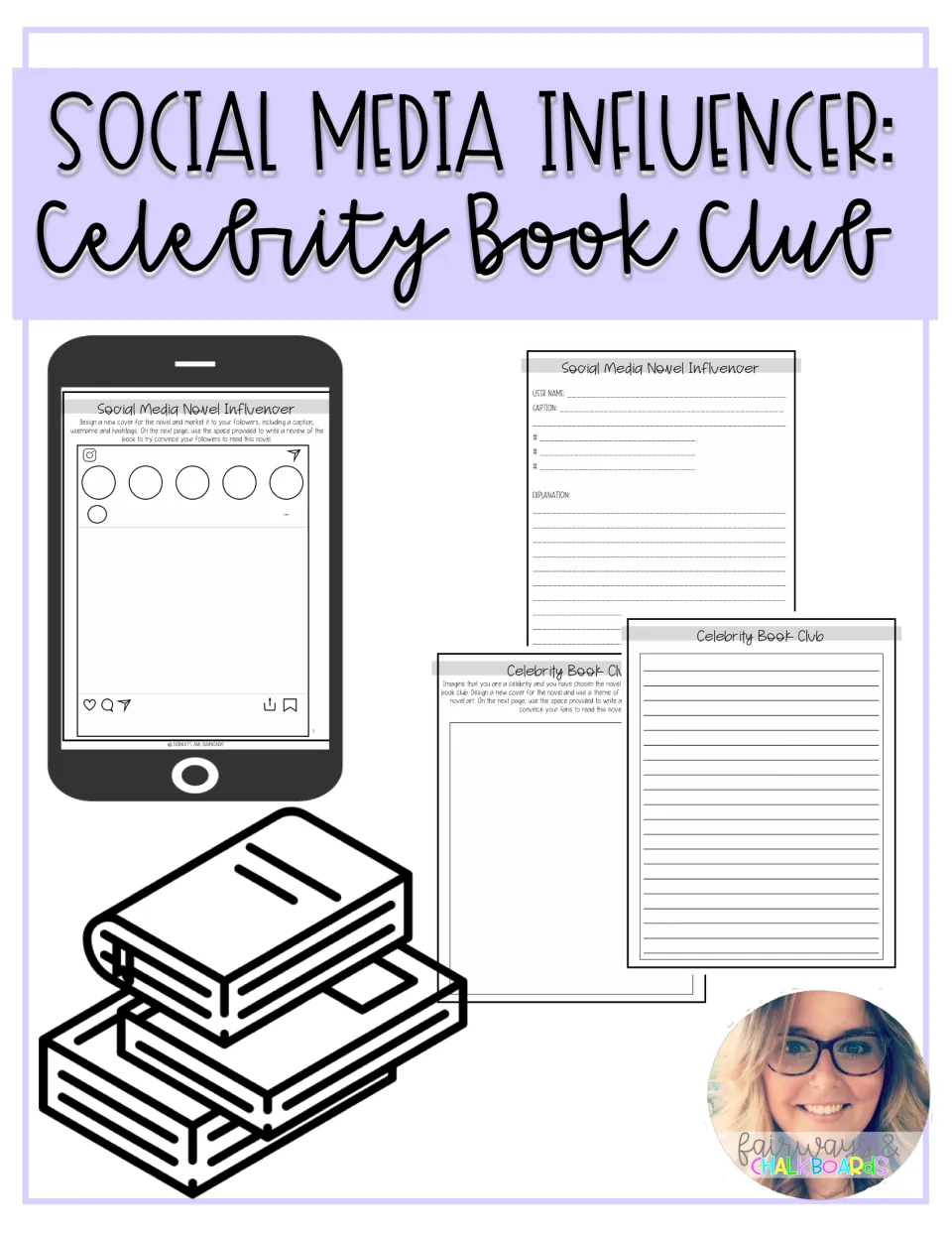 Social Media Influencer: Celebrity Book Club cover previewing a phone post template, a novel cover page and review pages