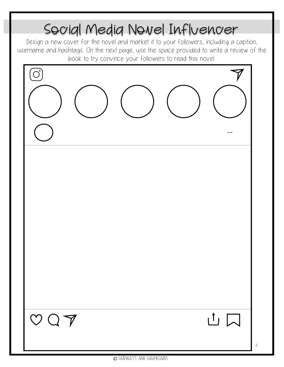 Social Media Novel Influencer: students design a novel cover inside an Instagram-style post to market it to followers