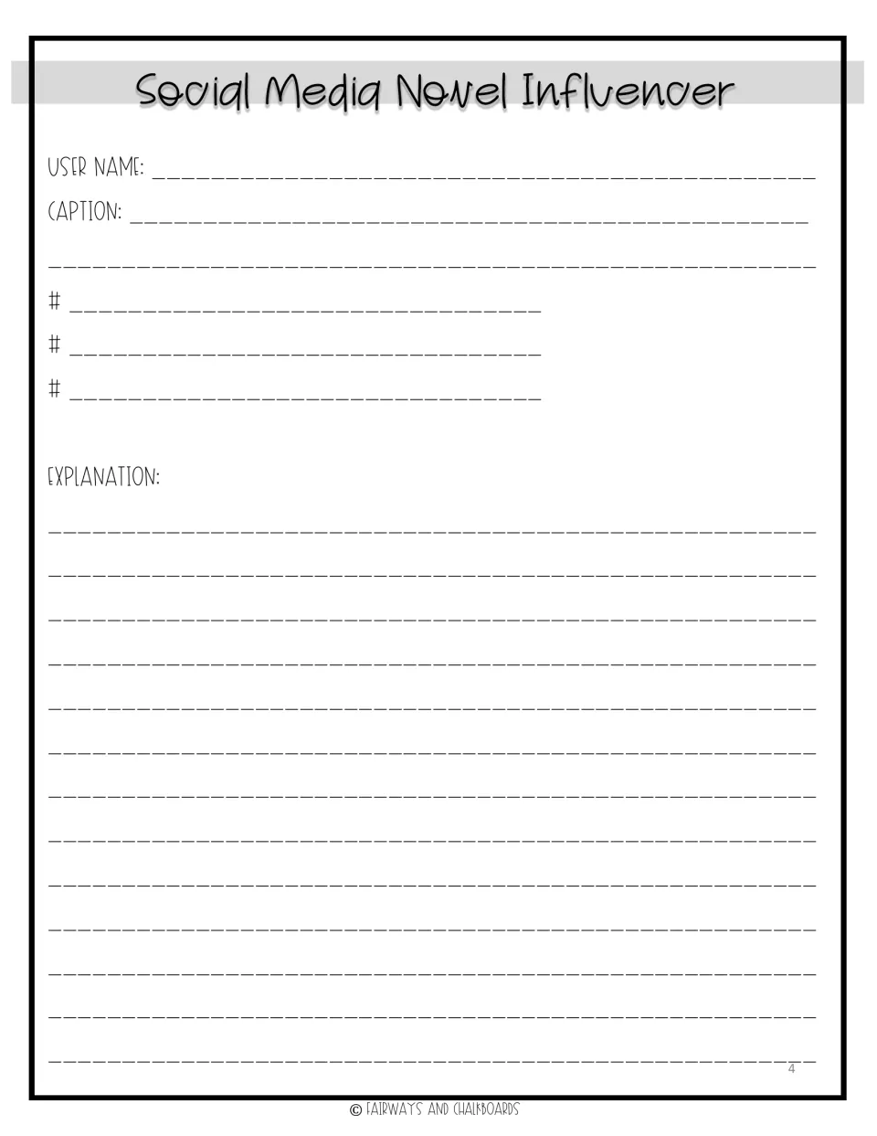 Influencer post planner: students write a username, a caption and three hashtags, then write a persuasive explanation