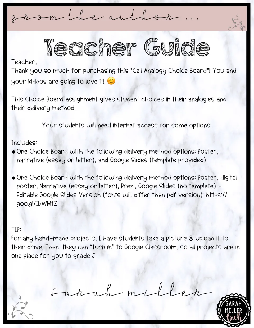 Teacher guide for the cell analogy project: two board versions, delivery options and a tip for Google Classroom turn-in