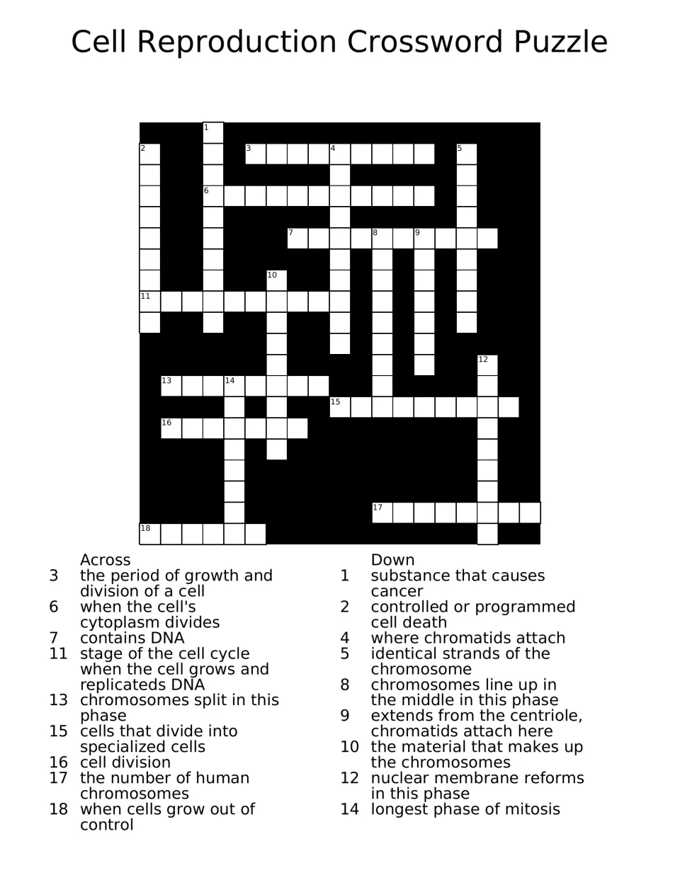 Cell reproduction crossword: students solve 18 clues on the cell cycle, mitosis phases, chromosomes and cancer terms