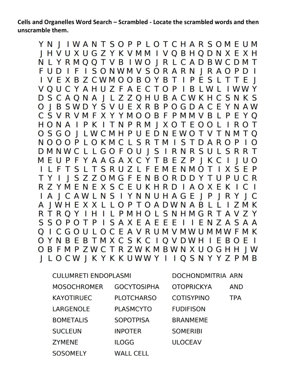 Scrambled word search on cell parts: students locate jumbled terms like SUCLEUN and PLOTCHARSO, then unscramble them