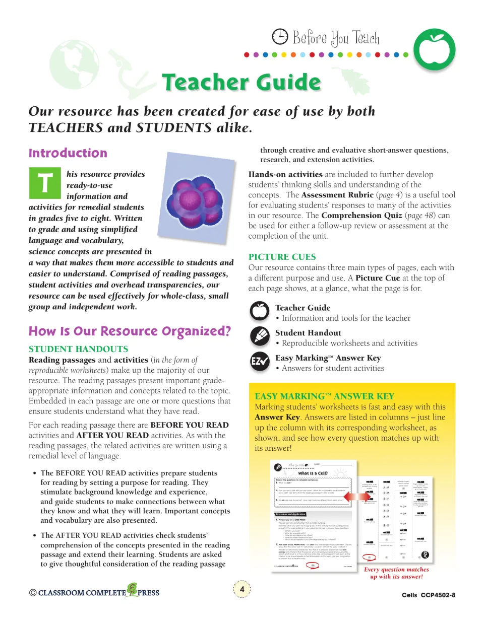 Teacher Guide explaining the reading passages, Before and After You Read activities, picture cues and answer key