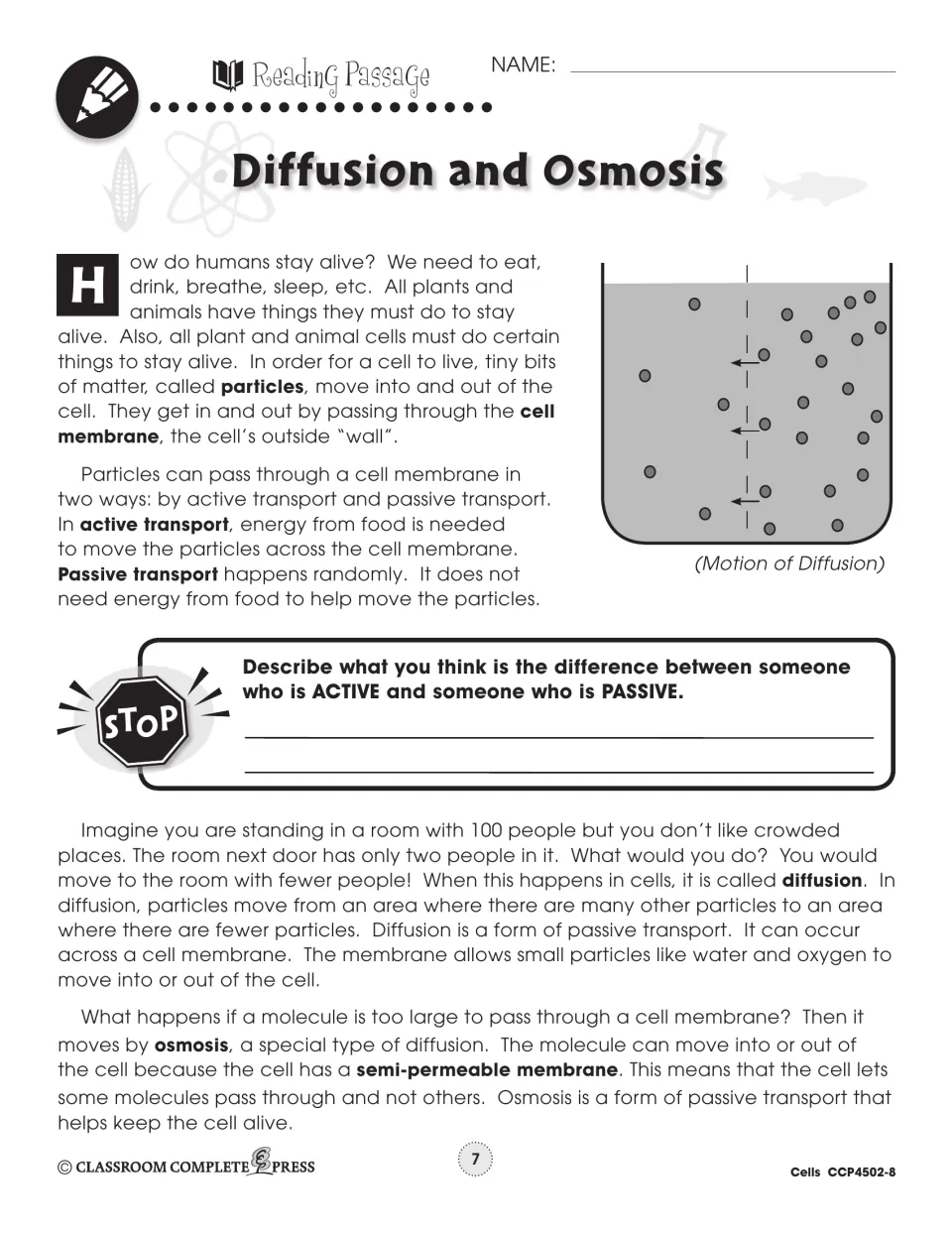 Reading passage on diffusion and osmosis: cell membrane, active vs. passive transport, with a diffusion diagram