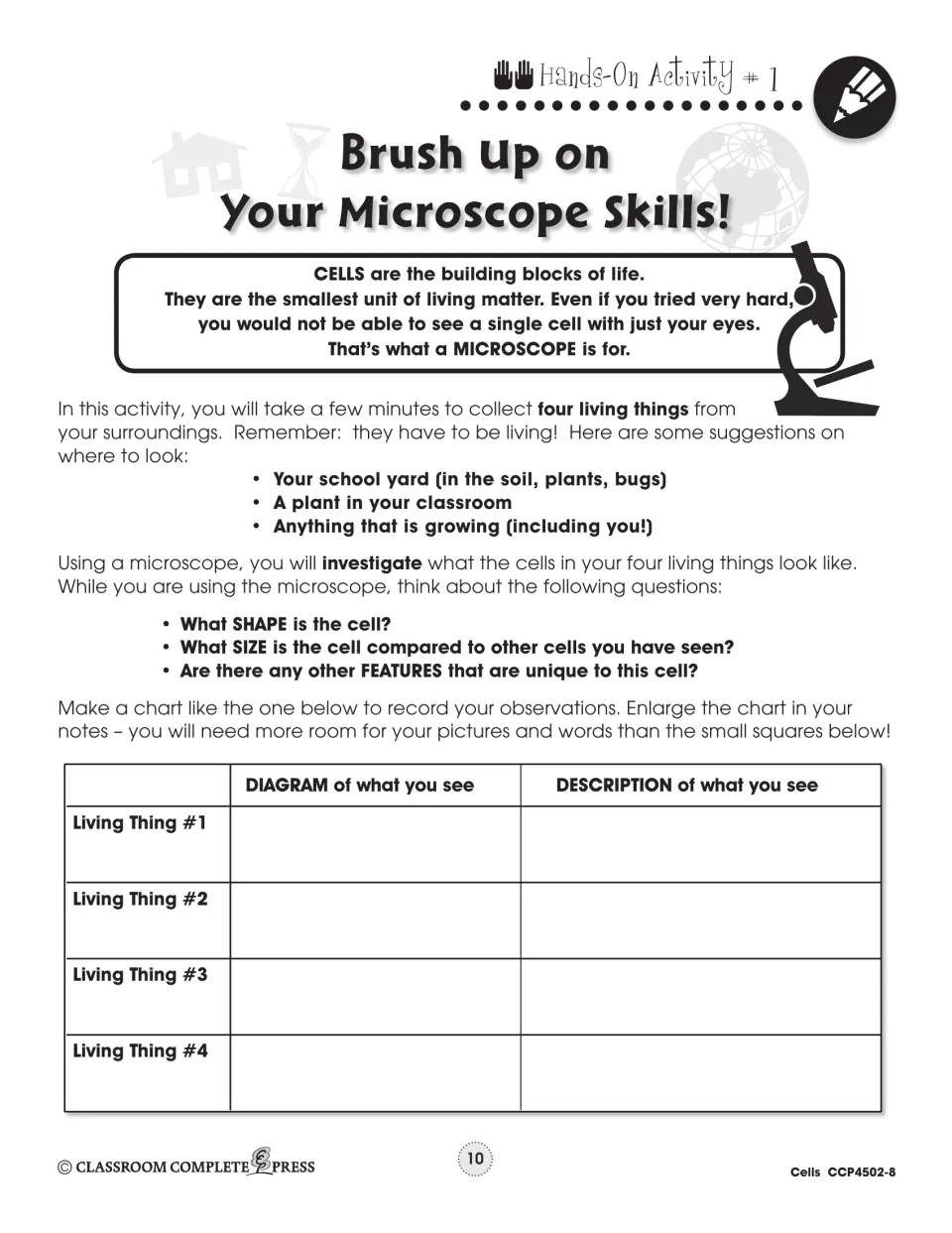 Hands-On Activity 1, Brush Up on Your Microscope Skills: observe cells from four living things in a chart