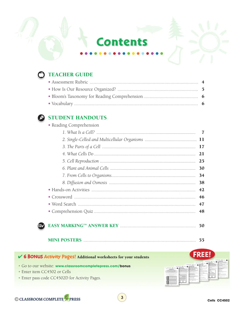 Contents lists teacher guidance, eight cell biology reading sections, activities, puzzles, a quiz, and answers