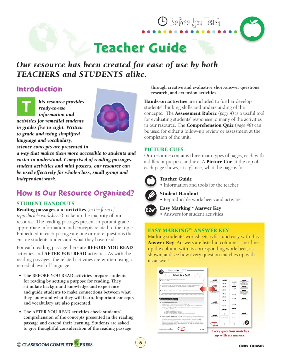 Teacher guide explains reading passages, before- and after-reading tasks, assessment, and answer key use