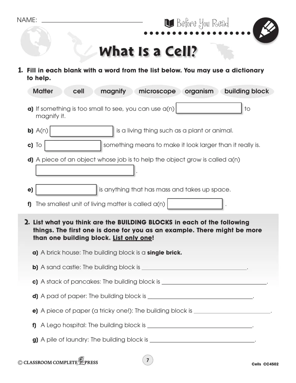 Before-reading activity introduces cell vocabulary through six fill-in prompts and everyday building blocks