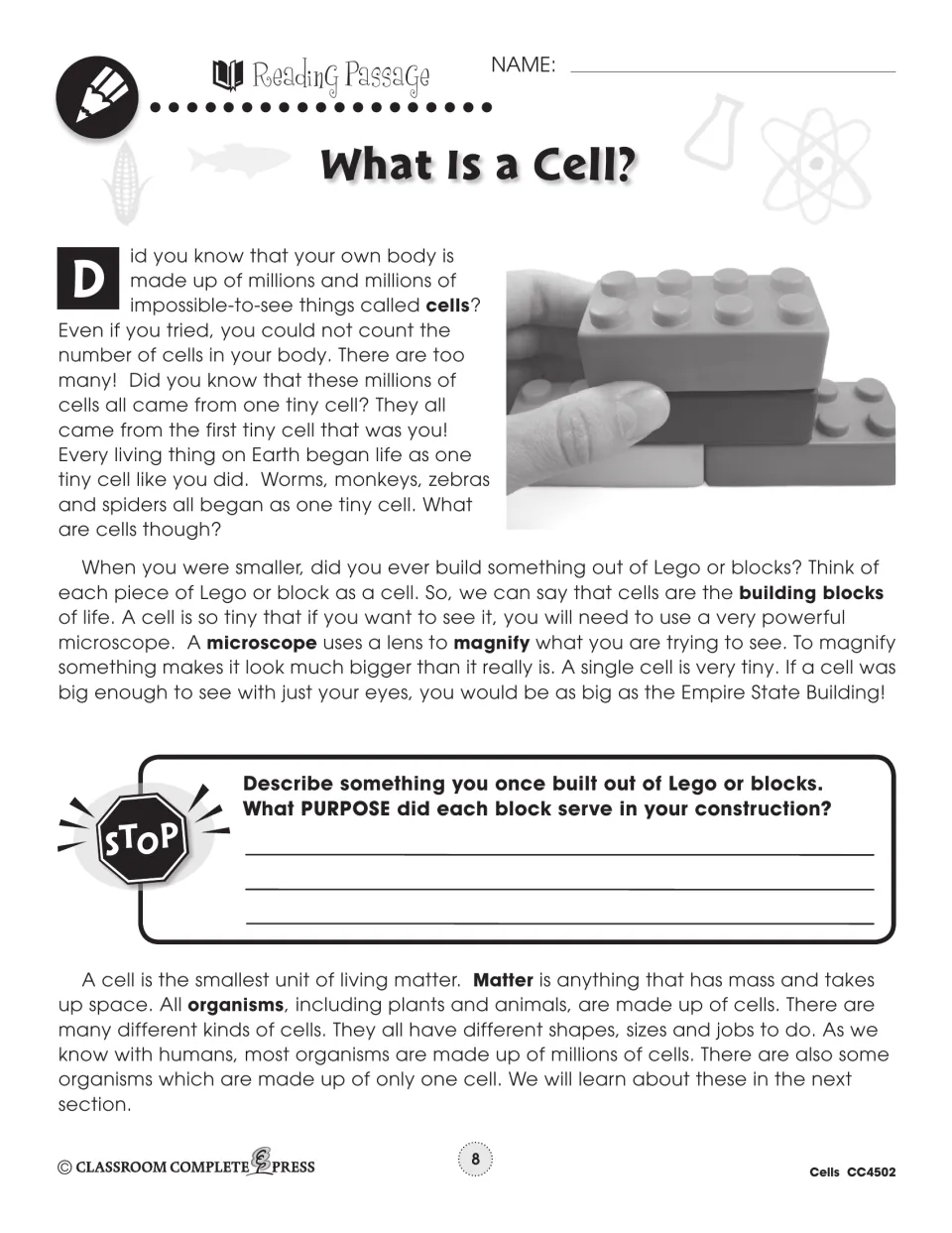 Reading passage defines cells as life’s building blocks, explains microscopes, and connects cells to Lego