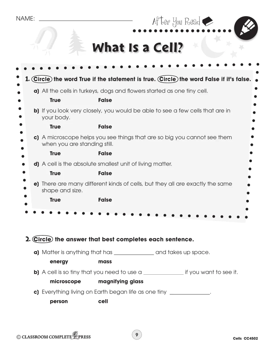 After-reading practice checks cell facts with five true-or-false statements and three sentence completions