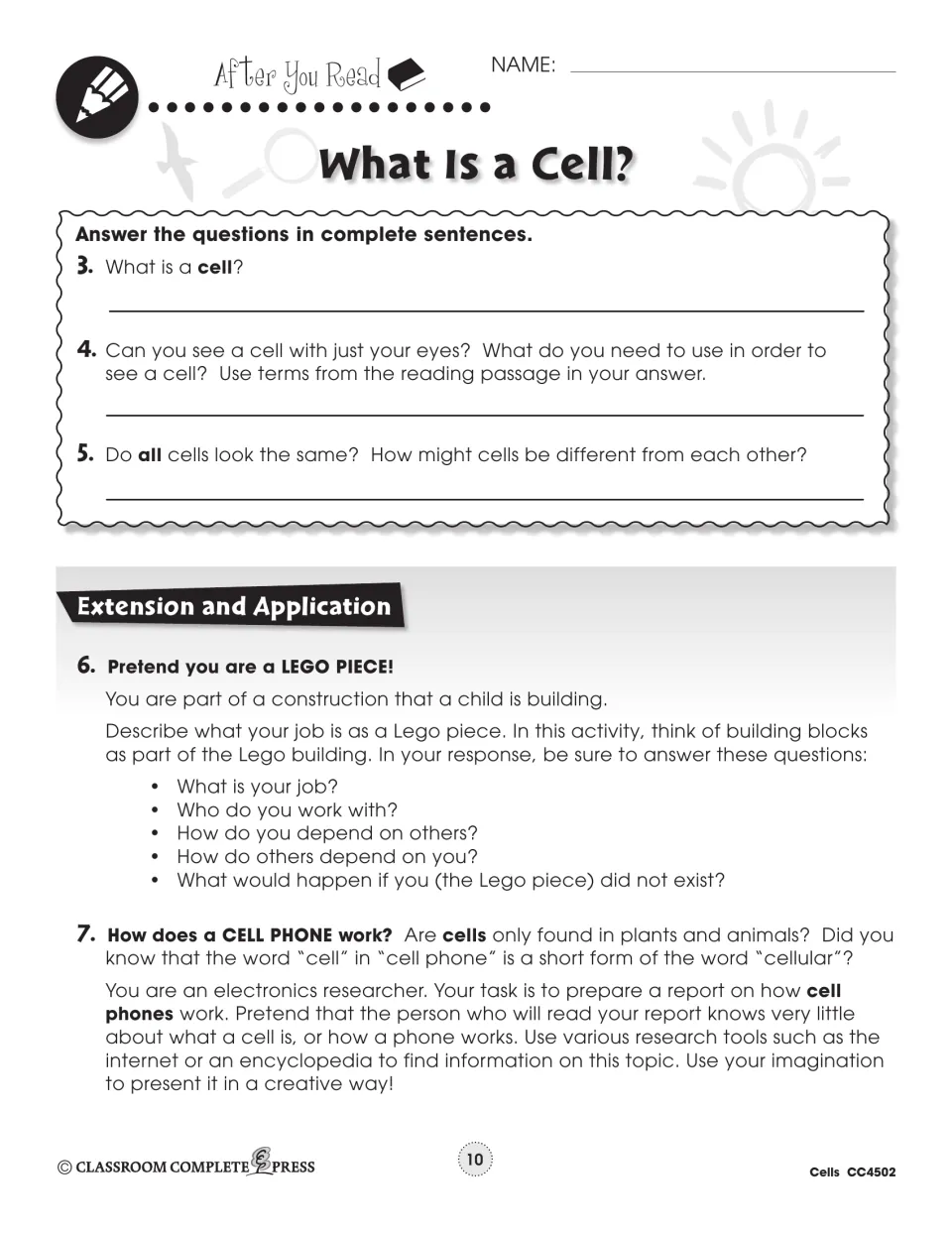 After-reading questions ask about cells, followed by a Lego-piece writing task and a cell phone research report