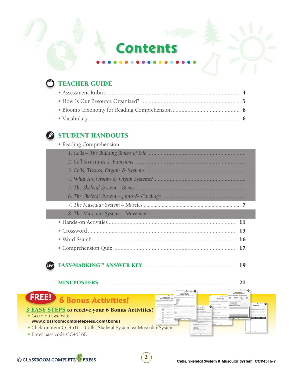 Table of contents listing the teacher guide, the Muscular System – Muscles reading, hands-on activities, quiz and answer key
