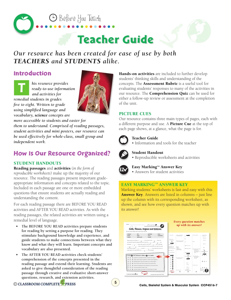 Teacher guide explaining reading passages, before and after you read activities, picture cues and the answer key