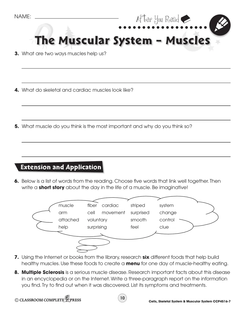 Muscles short answers and extensions: students explain muscle types, write a muscle story, plan a menu and research MS