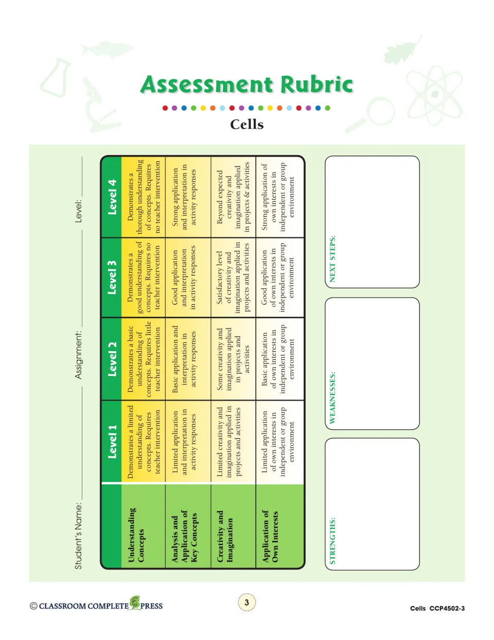 Assessment rubric, Levels 1–4, for understanding concepts, analysis, creativity and application of own interests
