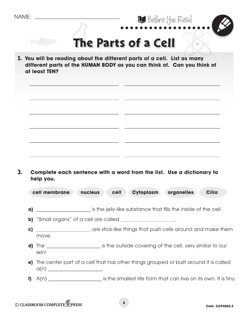 Before You Read: list ten human body parts, then complete six sentences with cell membrane, nucleus, cilia and more