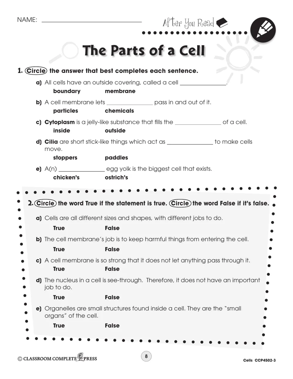 After You Read 1–2: five circle-the-answer sentences on membranes, cytoplasm and cilia, plus five true/false items