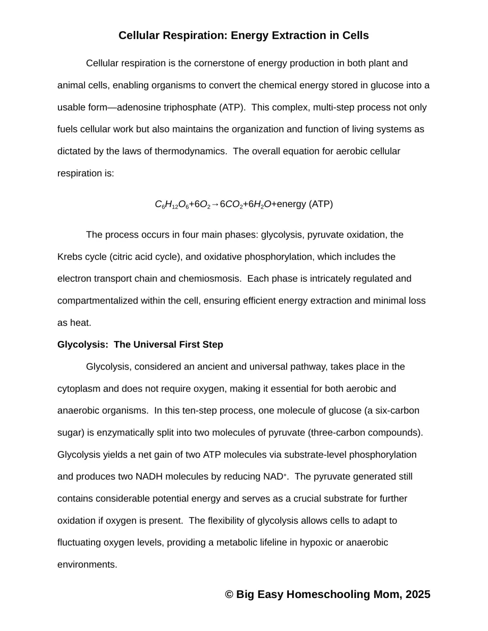 Reading on how cells turn glucose into ATP, with the overall respiration equation and glycolysis as the first step