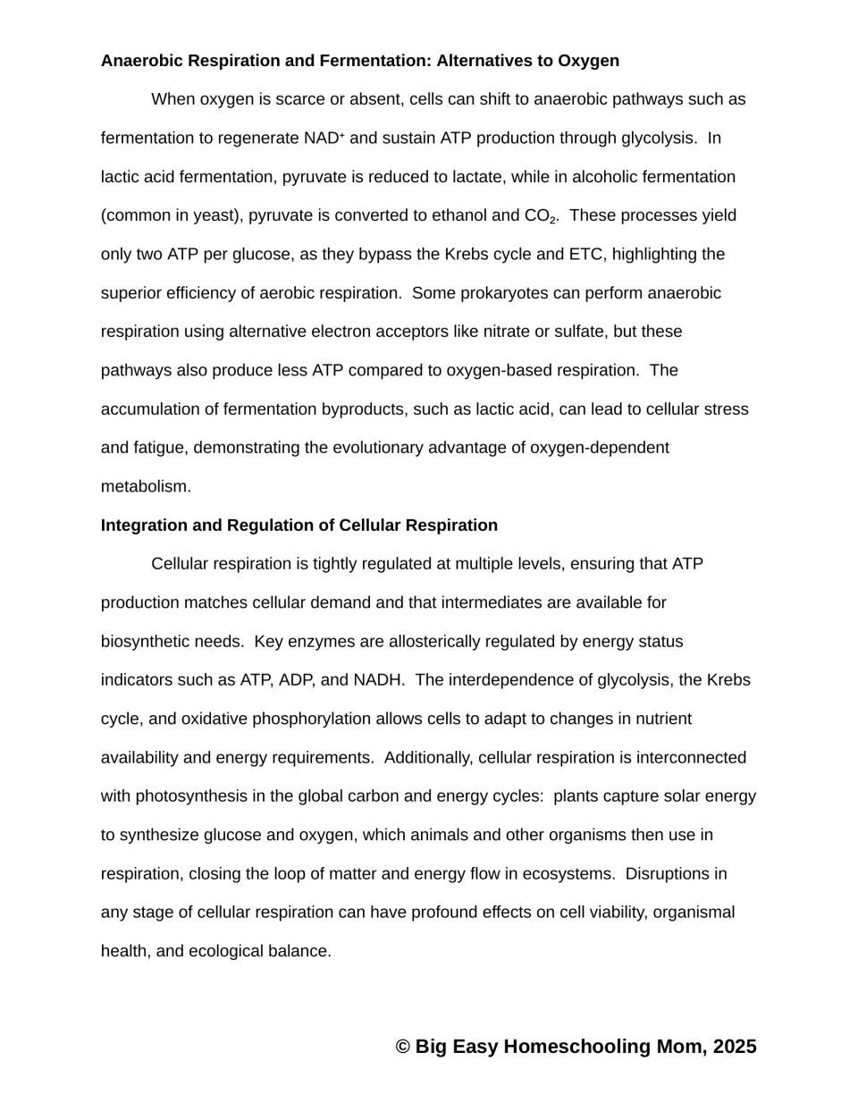 Passage on anaerobic respiration and fermentation, then how respiration is regulated and linked to photosynthesis