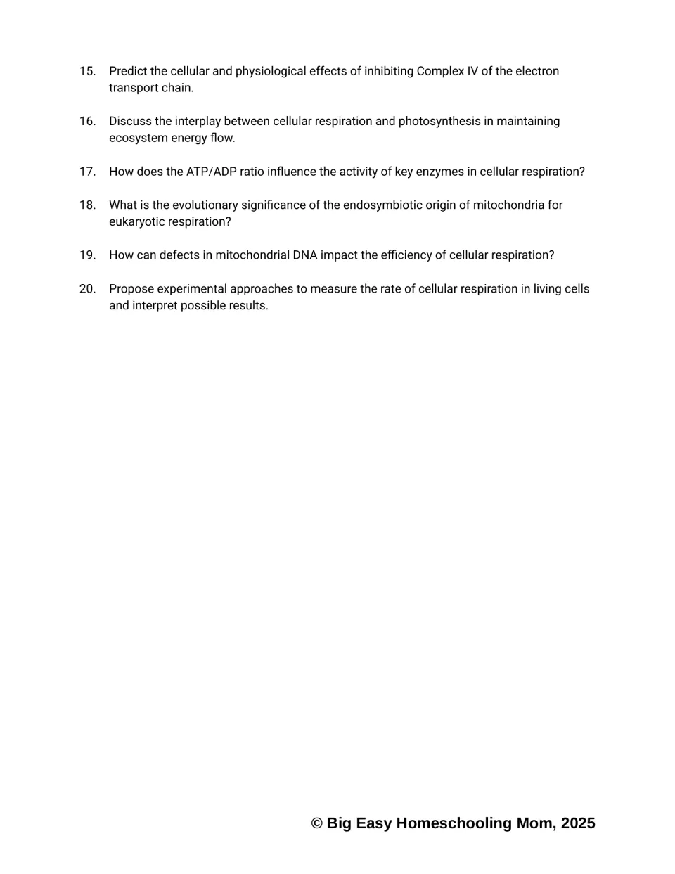 Questions 15-20: students predict effects of blocking Complex IV, discuss mitochondrial DNA and propose experiments