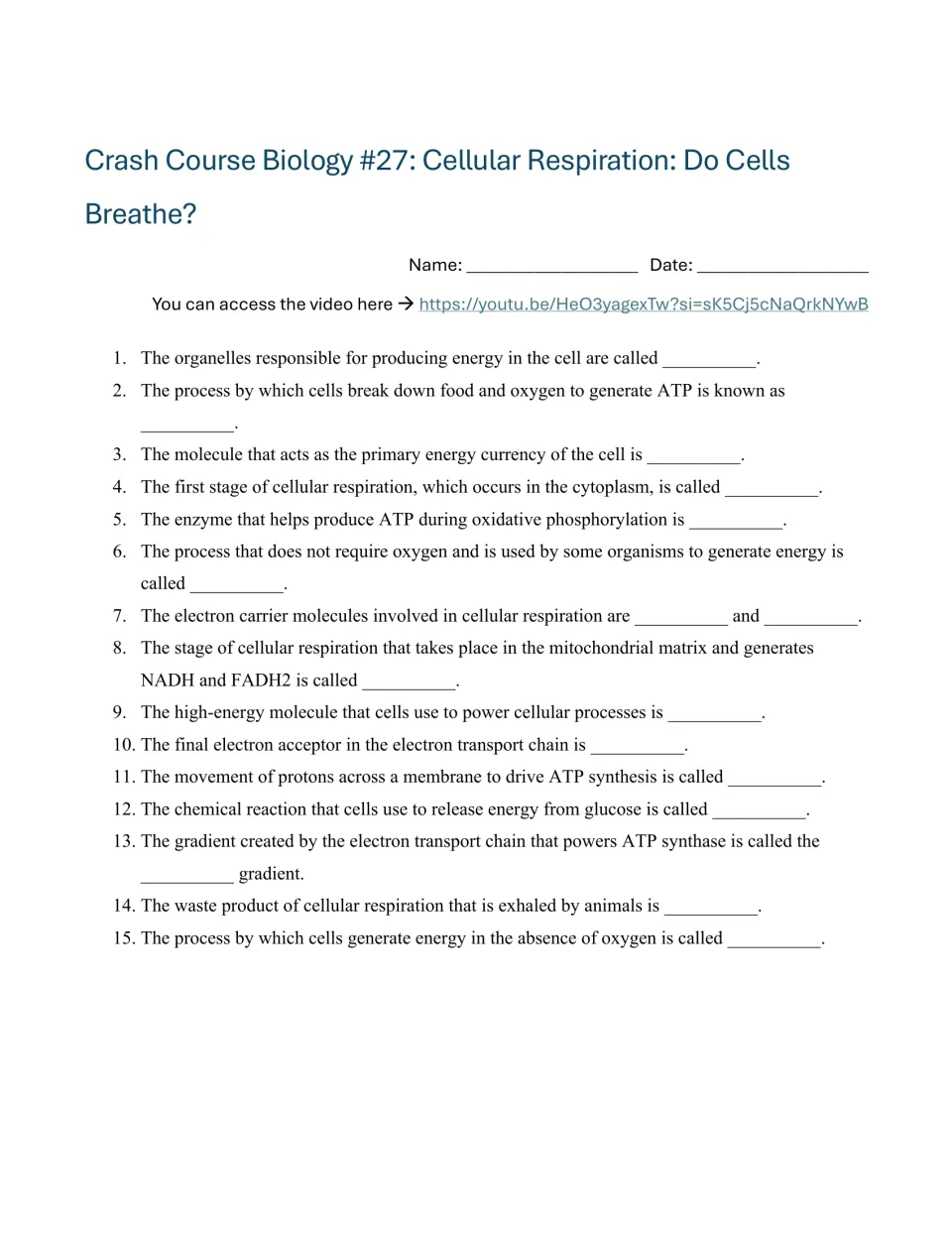Video worksheet: 15 fill-in-the-blank questions on cellular respiration, ATP, glycolysis, and mitochondria