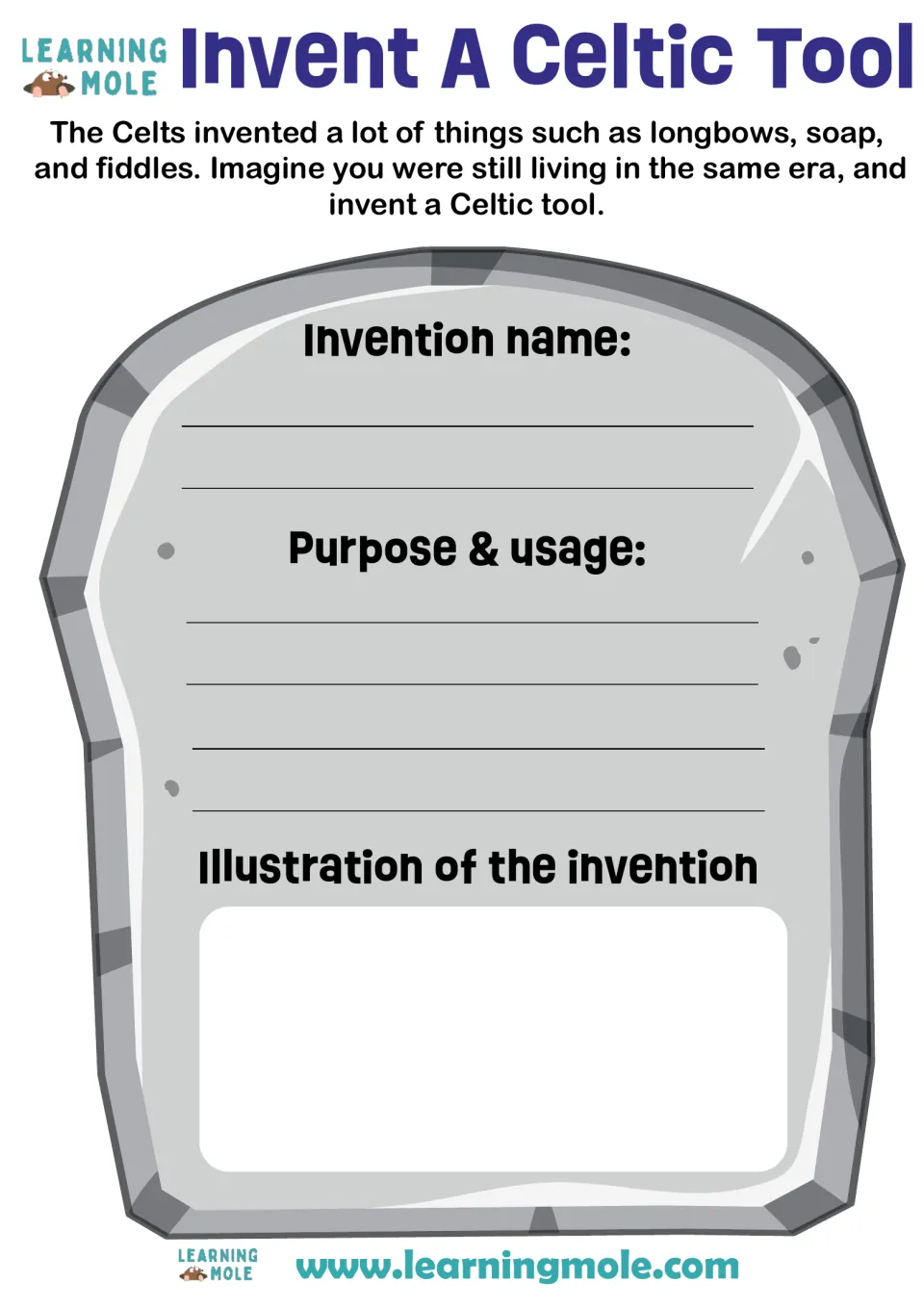Celtic inventions: students invent their own Celtic tool, give its name, purpose and usage, and draw an illustration of it