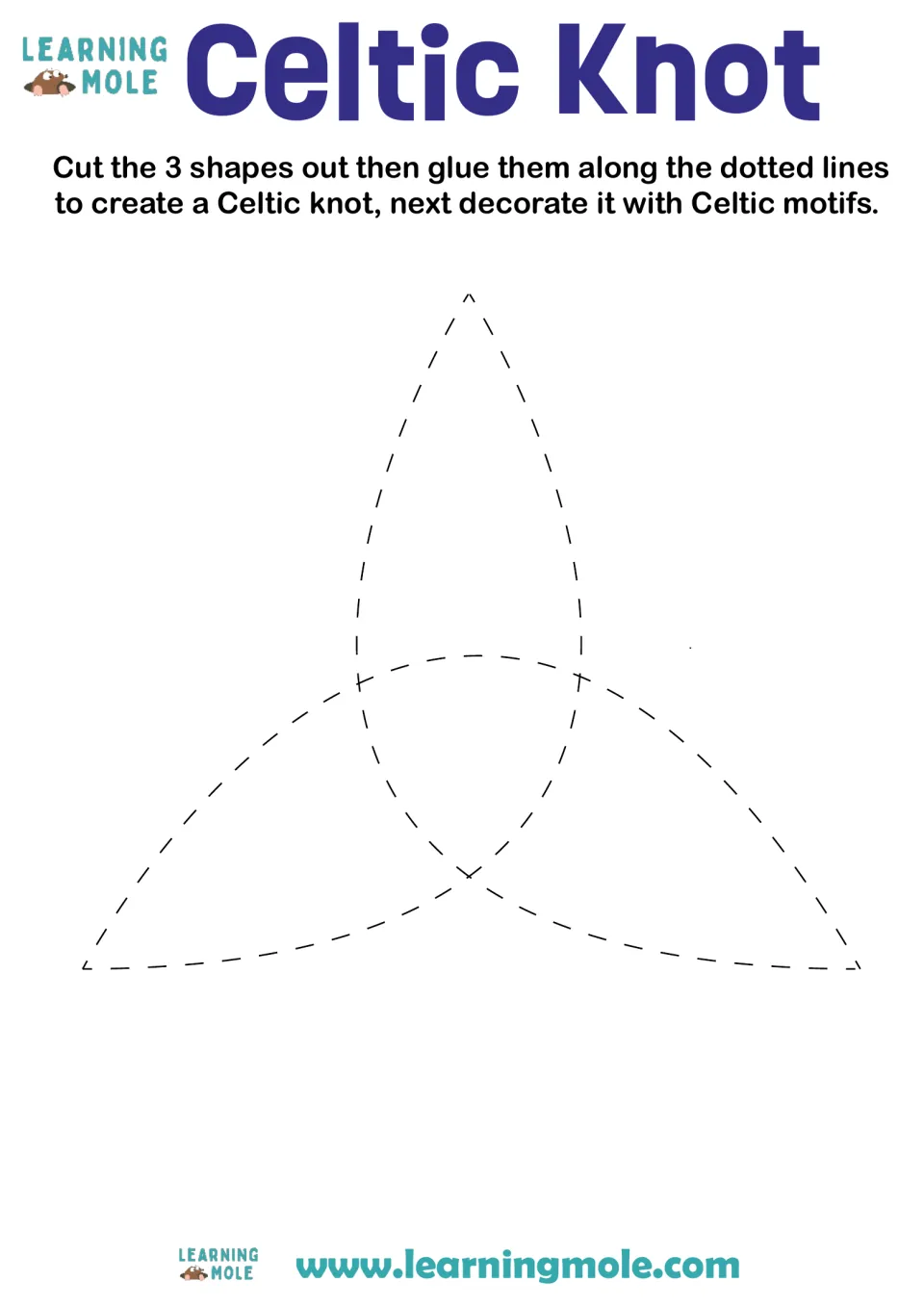 Celtic knot template: students cut out 3 shapes, glue them along the dotted outline, then decorate with Celtic motifs