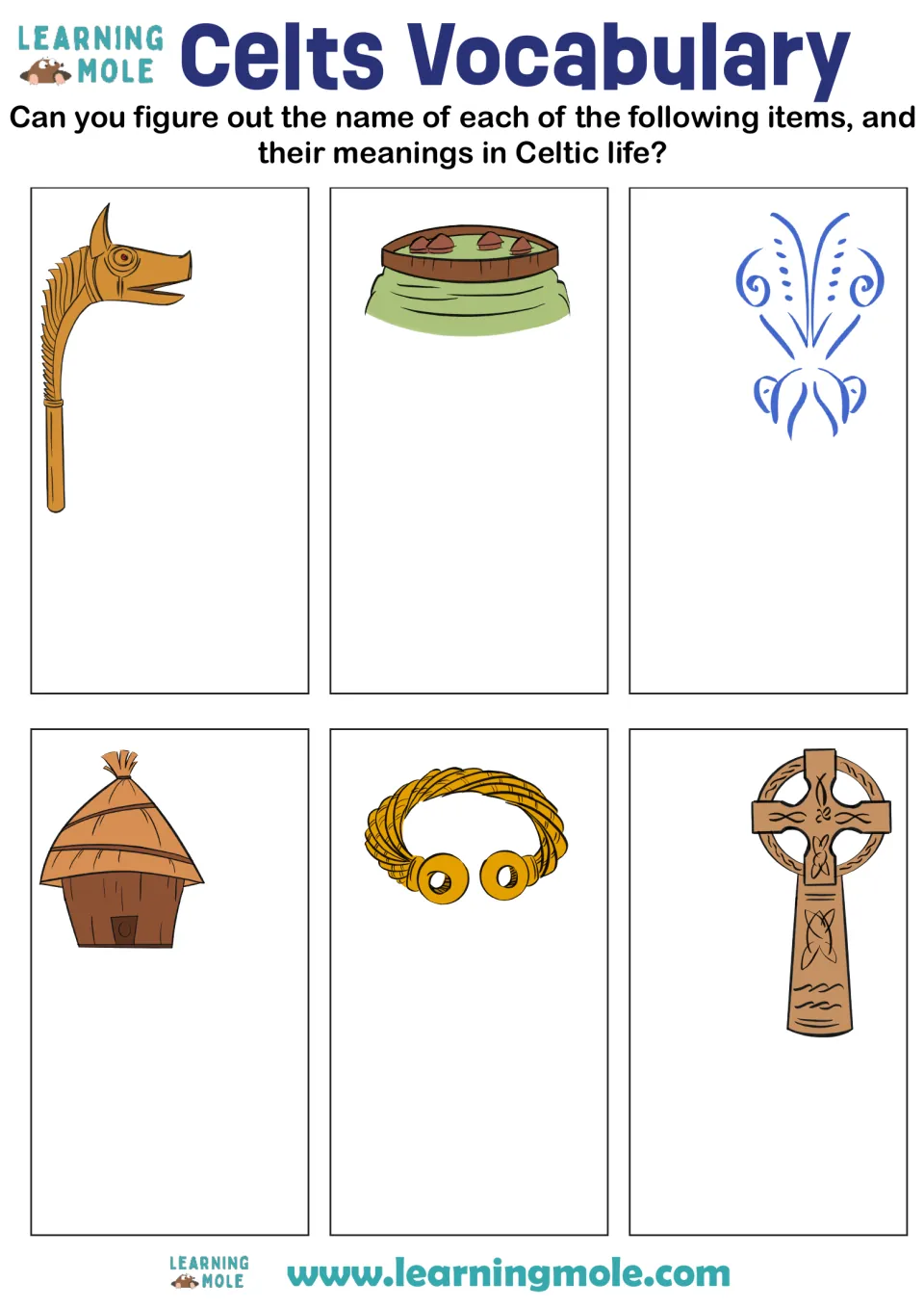 Celtic life vocabulary: students name six pictured items, such as a roundhouse, torc and Celtic cross, and explain each