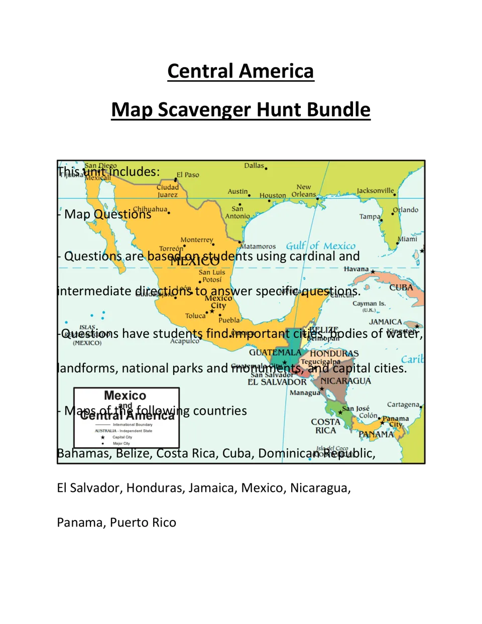 Central America Map Scavenger Hunt Bundle cover over a regional map; lists direction questions and maps of 12 countries