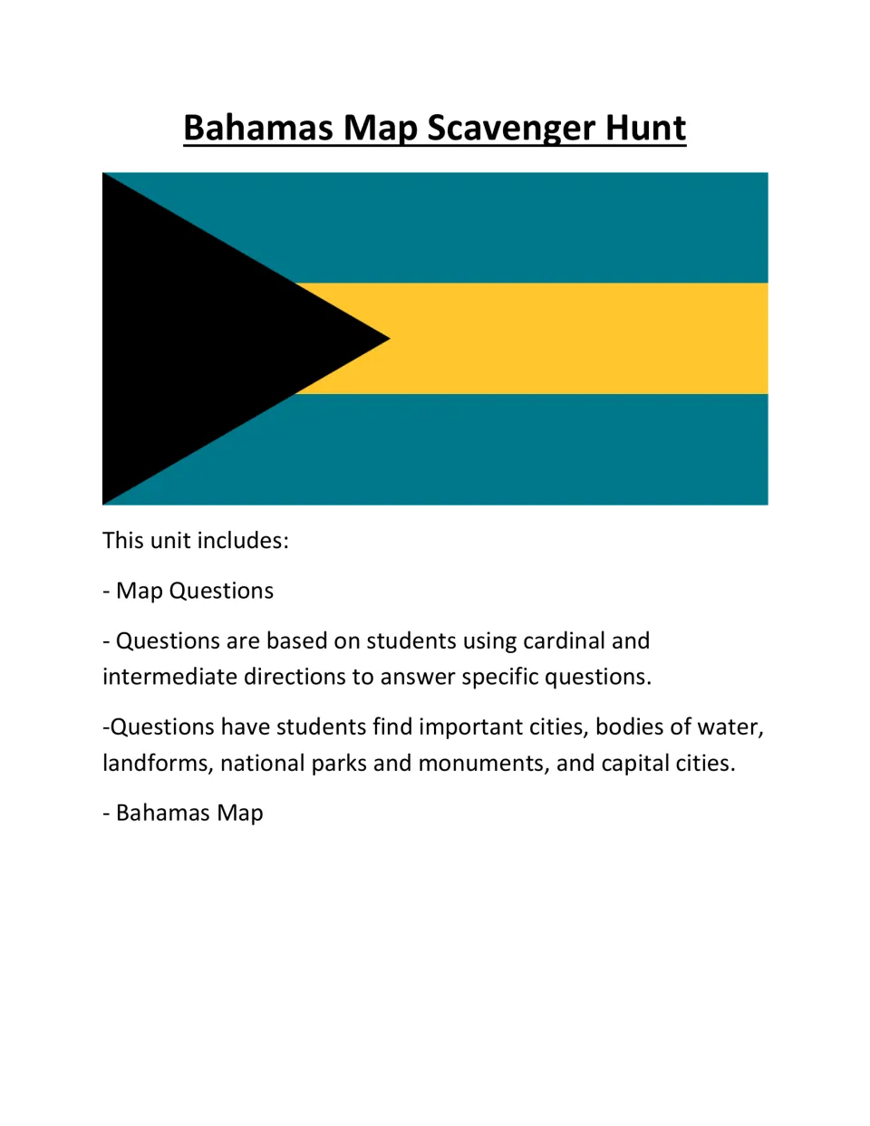Bahamas section title with the national flag; lists map questions using cardinal and intermediate directions plus a map