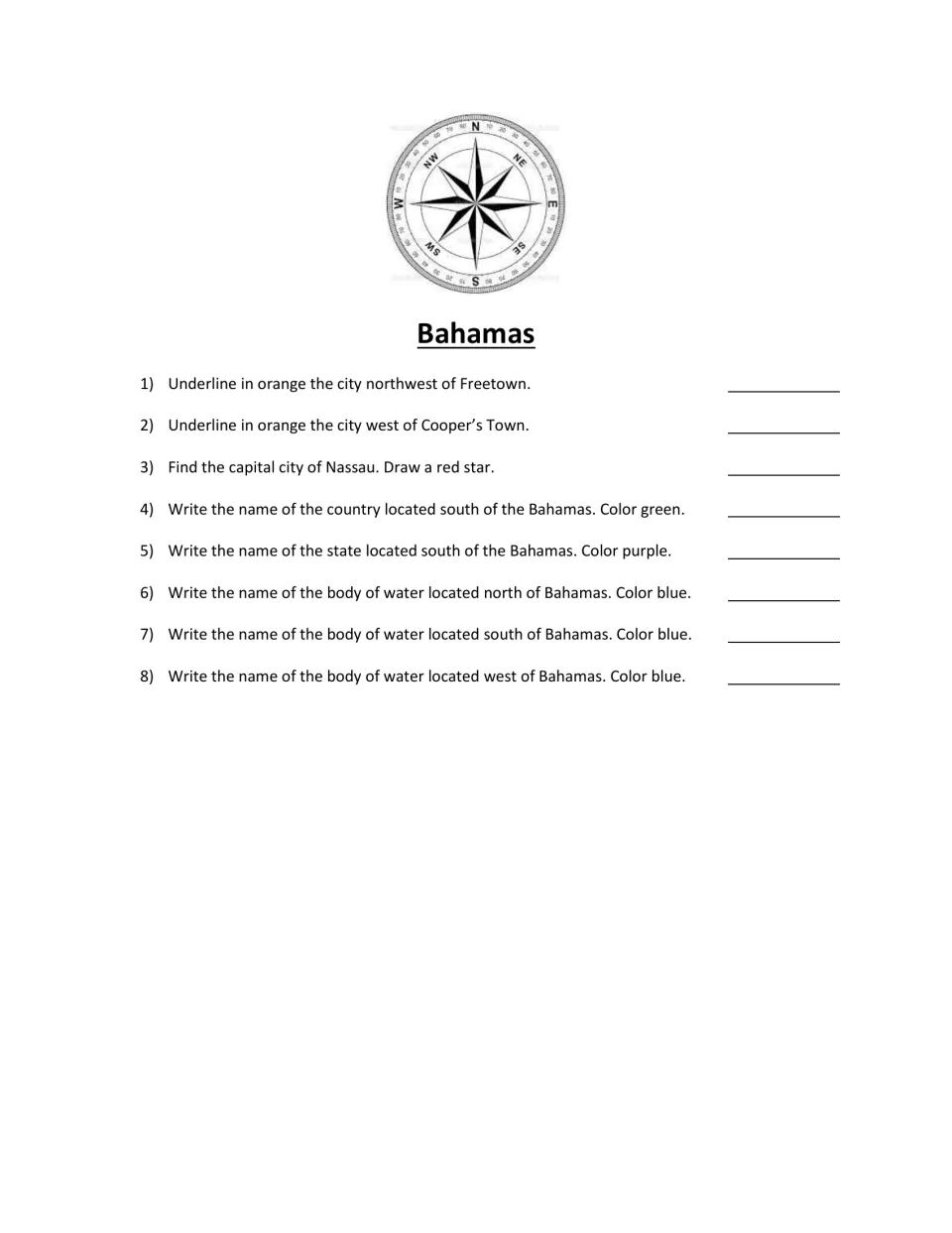 Bahamas direction questions: students underline cities, star Nassau and name the country, state and waters nearby