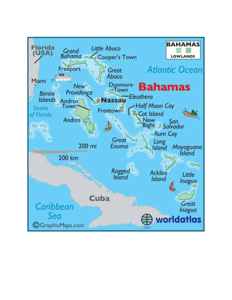 Bahamas reference map labeling Nassau, Freeport and Freetown, with Florida, Cuba, the Atlantic Ocean and Caribbean Sea