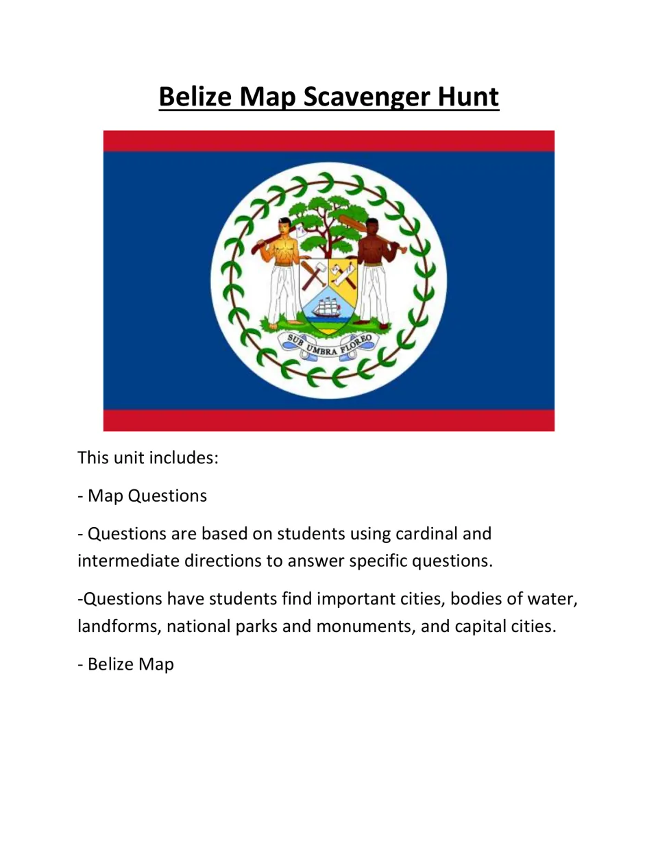 Belize section title with the Belize flag; lists direction-based map questions on cities, waters and landforms plus a map