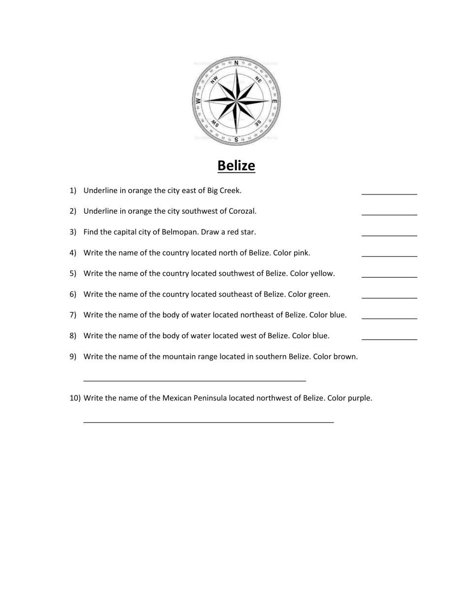 Belize direction questions: students star Belmopan, find cities and name neighbors, waters, mountains and a peninsula