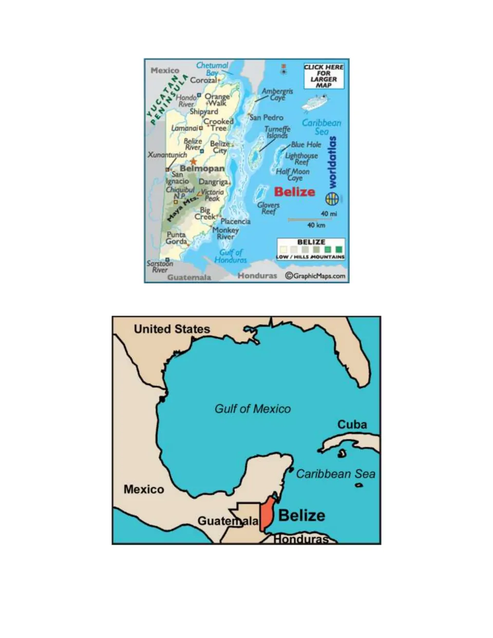 Two Belize maps: towns, Maya Mountains and reefs in detail, plus a locator map showing Mexico, Guatemala and Cuba