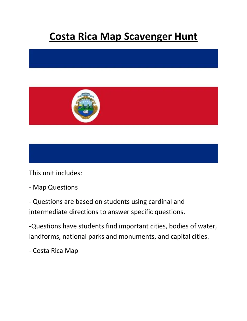 Costa Rica section title with the Costa Rica flag; lists map questions on capitals, parks and monuments plus a map