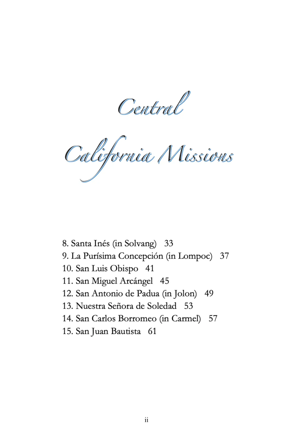 Mission eBook contents listing eight sections, from Santa Inés to San Juan Bautista, with page numbers
