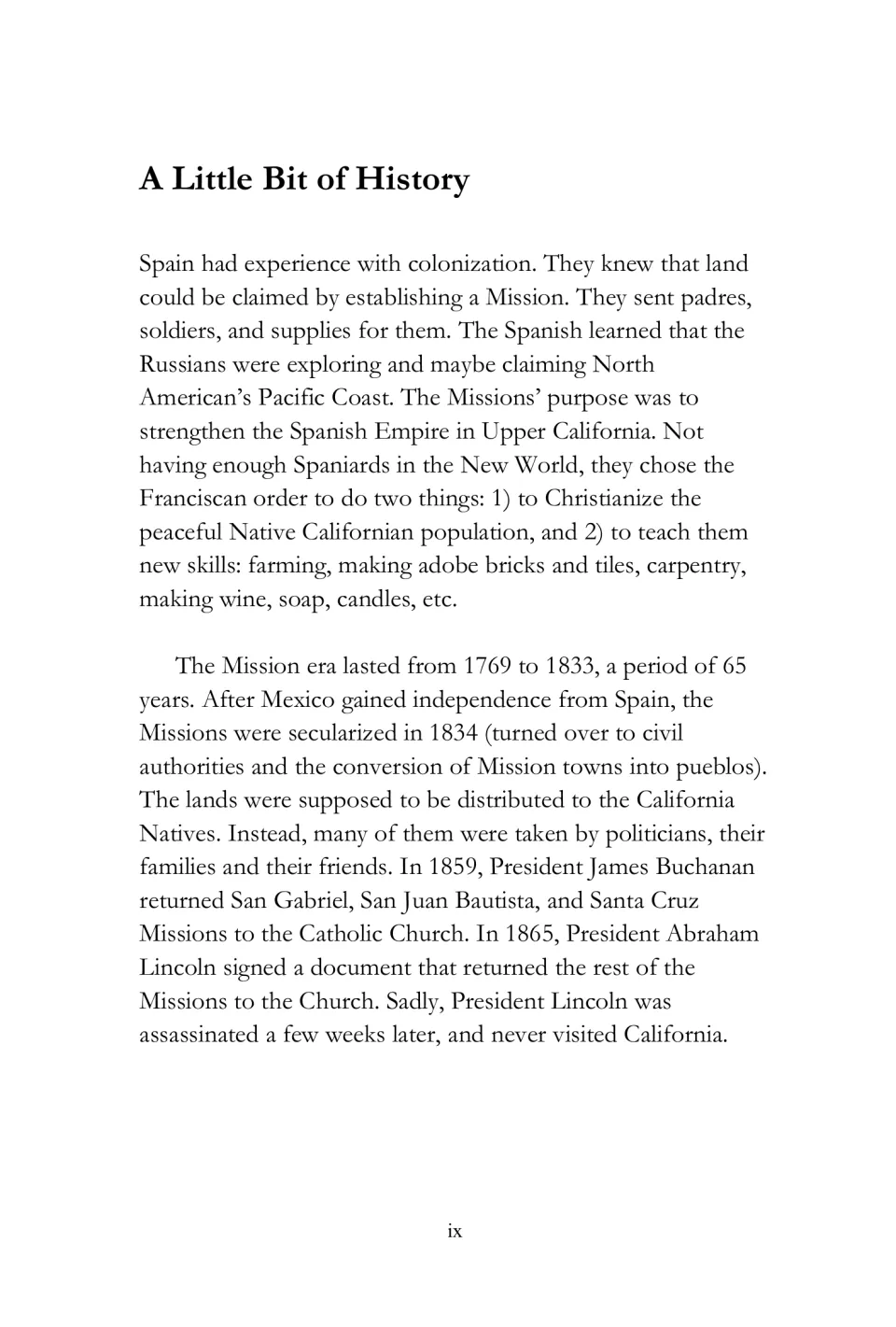 Mission eBook history section on Spanish colonization, secularization, and return of missions to the Church