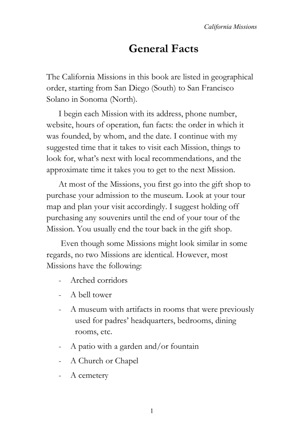 Mission eBook general facts explaining entry details, tour planning, and common features such as bell towers