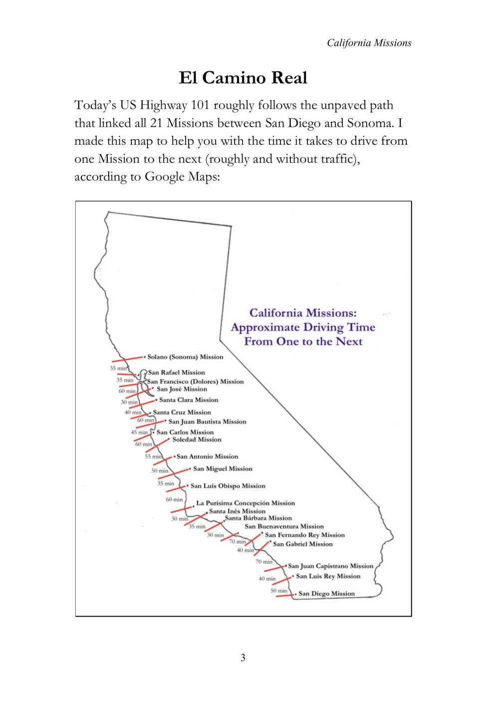 Mission eBook El Camino Real section mapping all 21 missions and approximate driving times between them