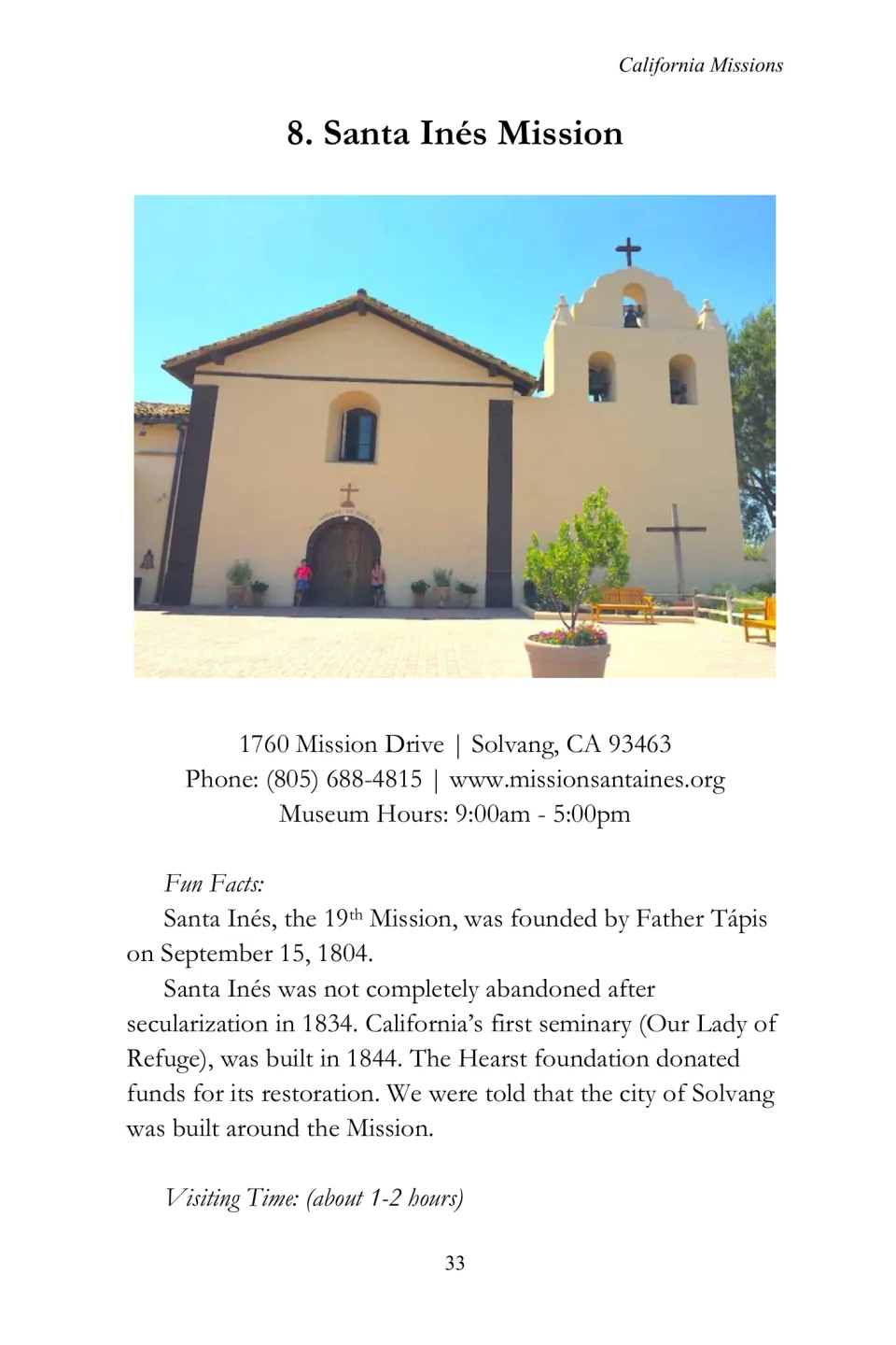 Santa Inés mission entry with a church photograph, visitor details, founding facts, and a one- to two-hour visit