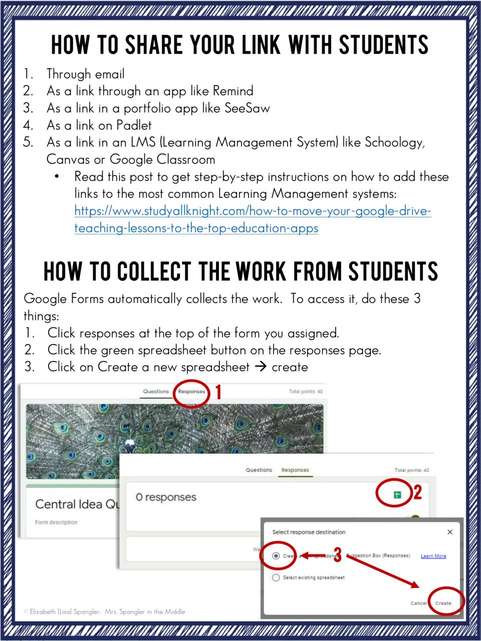 How to share the quiz link via email, Remind, SeeSaw, Padlet or an LMS, and how to collect responses in a Google Sheet