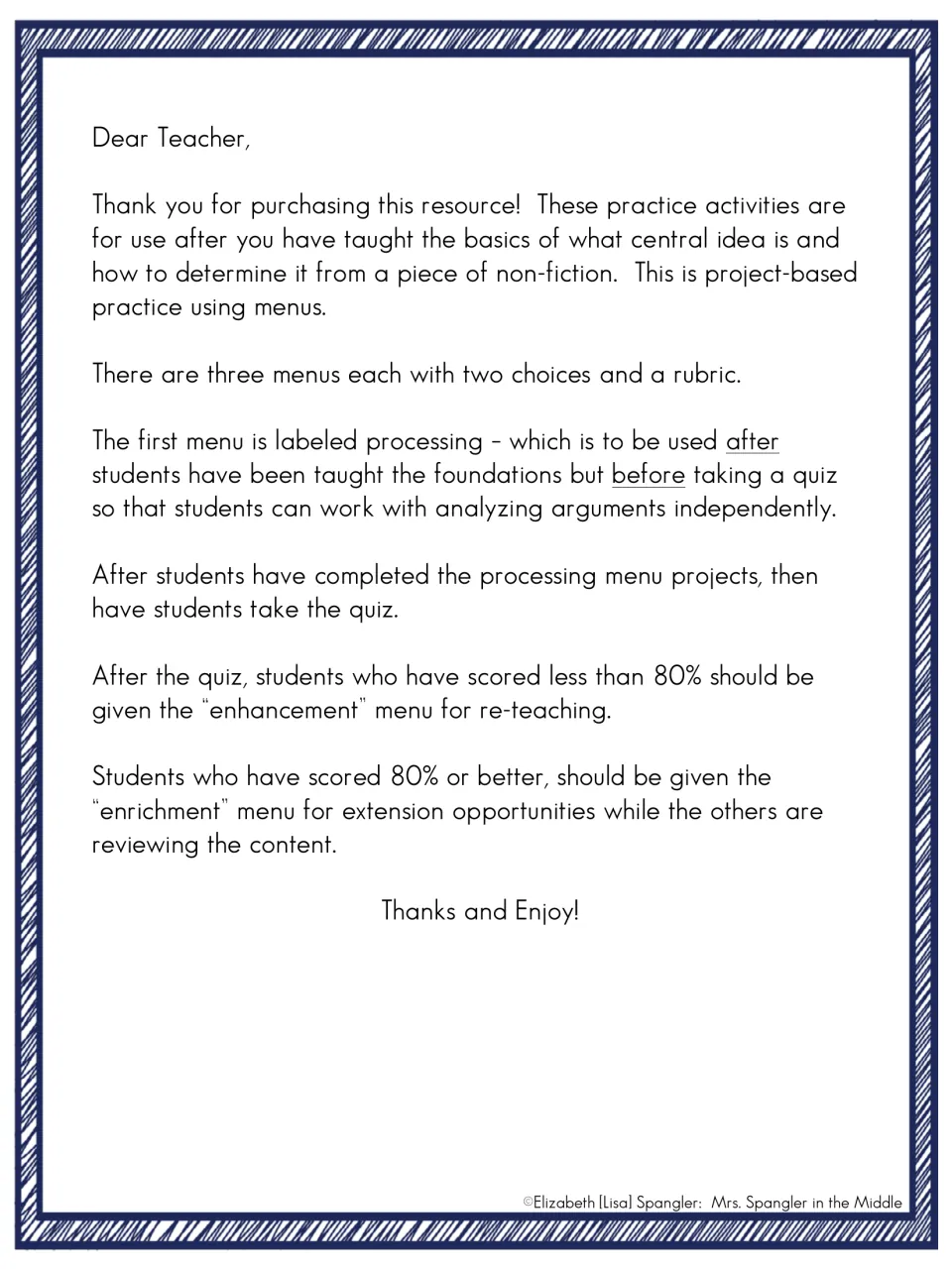 Teacher note explaining the order of use: processing menu, then quiz, then enhancement or enrichment menu by an 80% score