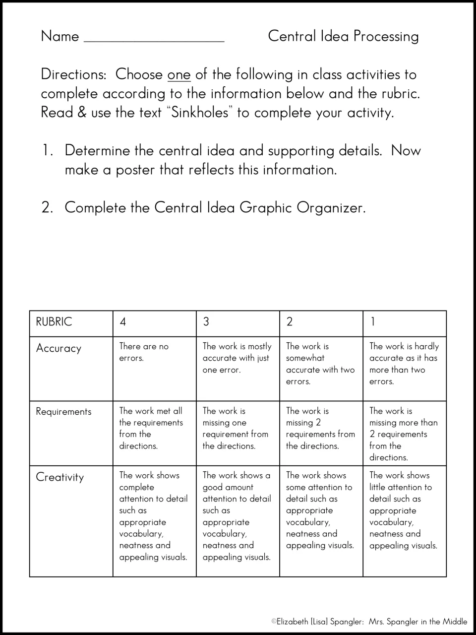 Central Idea Processing menu: students use the Sinkholes text to make a poster or complete a graphic organizer, with rubric
