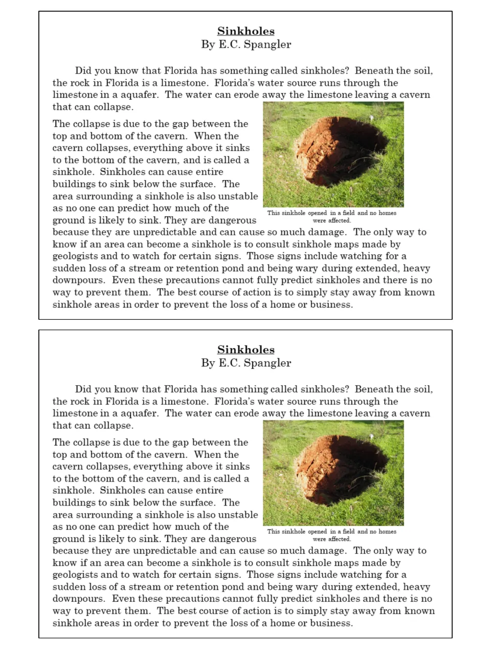Sinkholes reading passage by E.C. Spangler on Florida limestone caverns, printed twice per page with a photo of a sinkhole