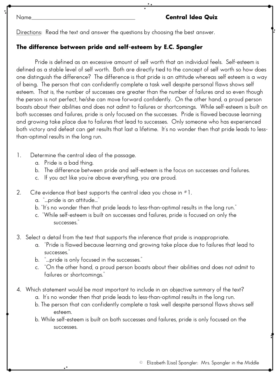 Central Idea Quiz: students read a passage on pride vs. self-esteem and answer 4 multiple-choice central idea questions
