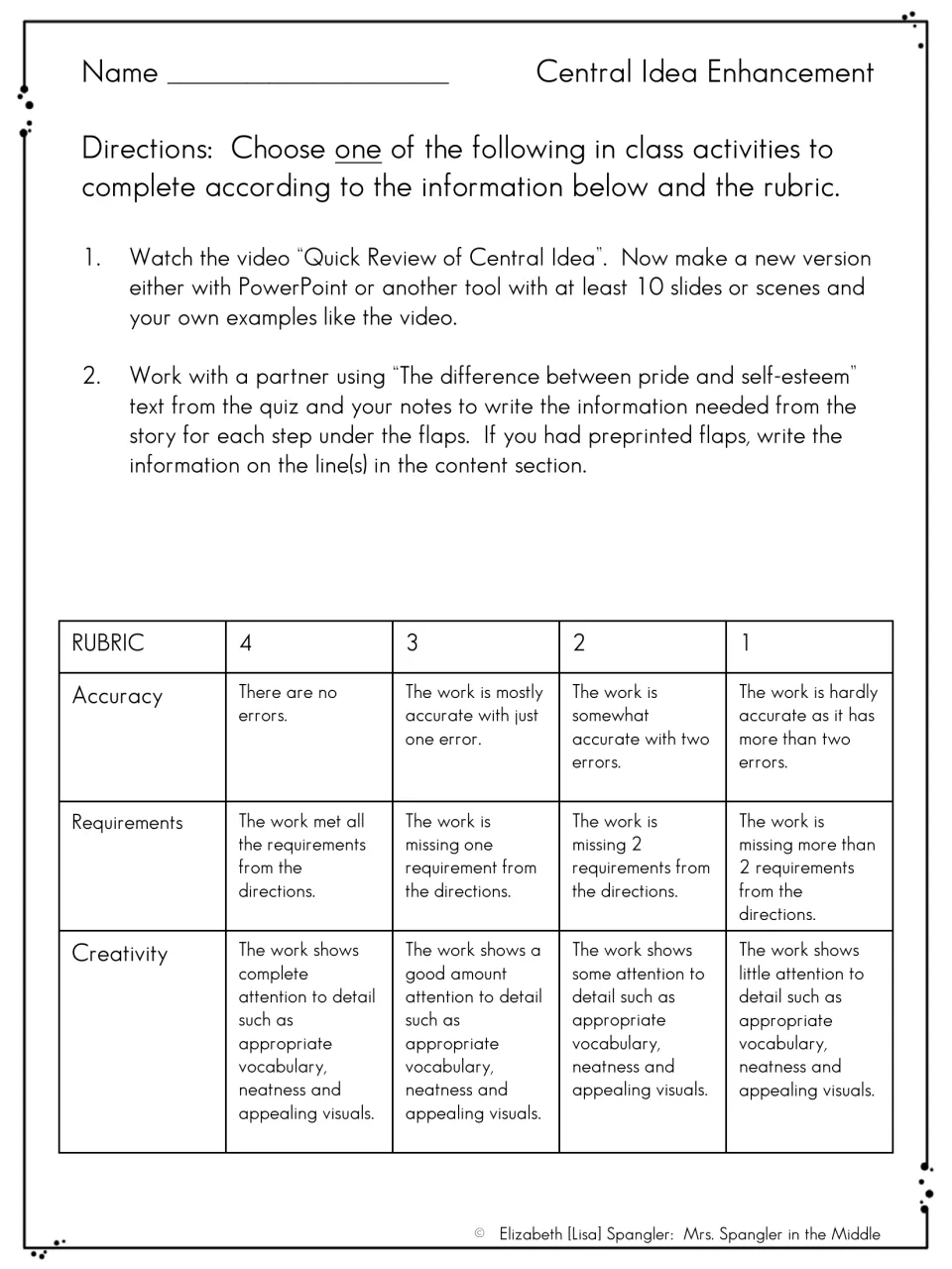 Central Idea Enhancement menu: students remake a review video in 10 slides or take partner notes on the pride passage