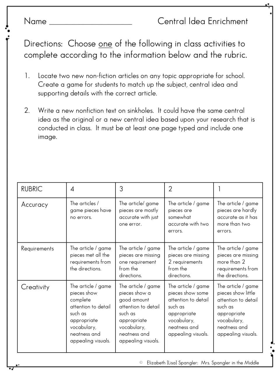 Central Idea Enrichment menu: students build a matching game from two articles or write a new sinkholes text, with rubric