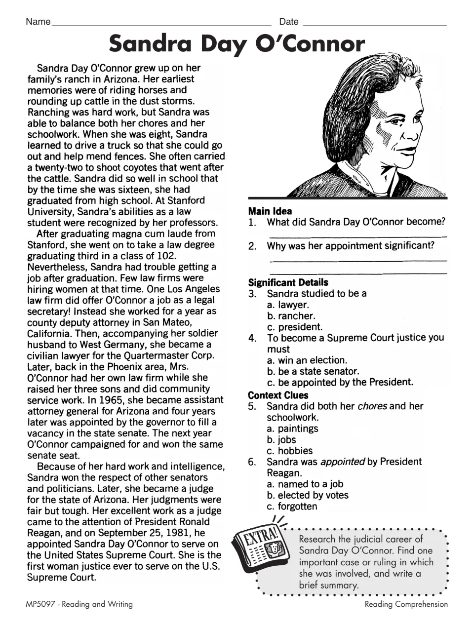 Sandra Day O'Connor biography: students read how she reached the Supreme Court, then answer main idea and detail questions