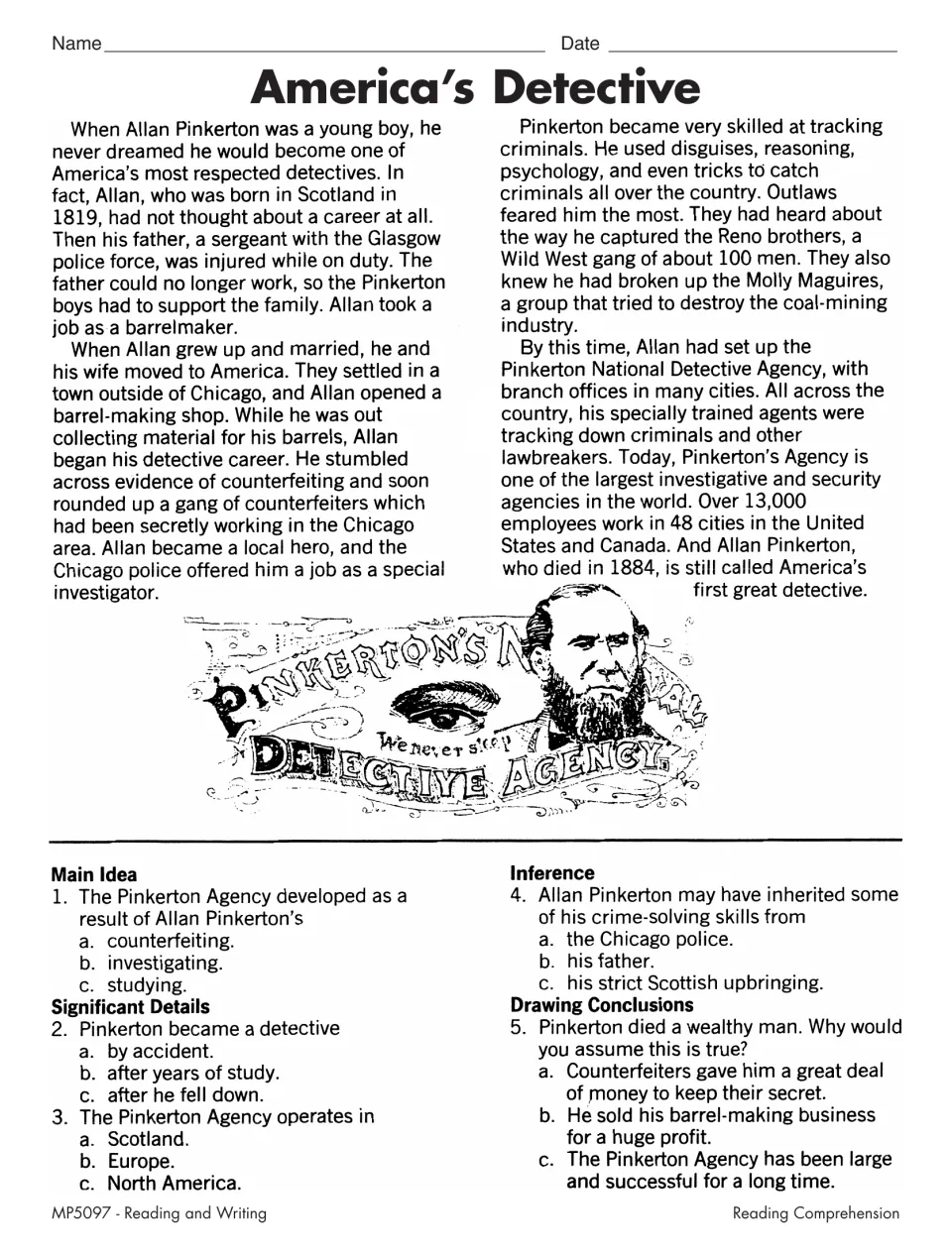America's Detective: students read about Allan Pinkerton's agency and answer main idea, inference and conclusion items